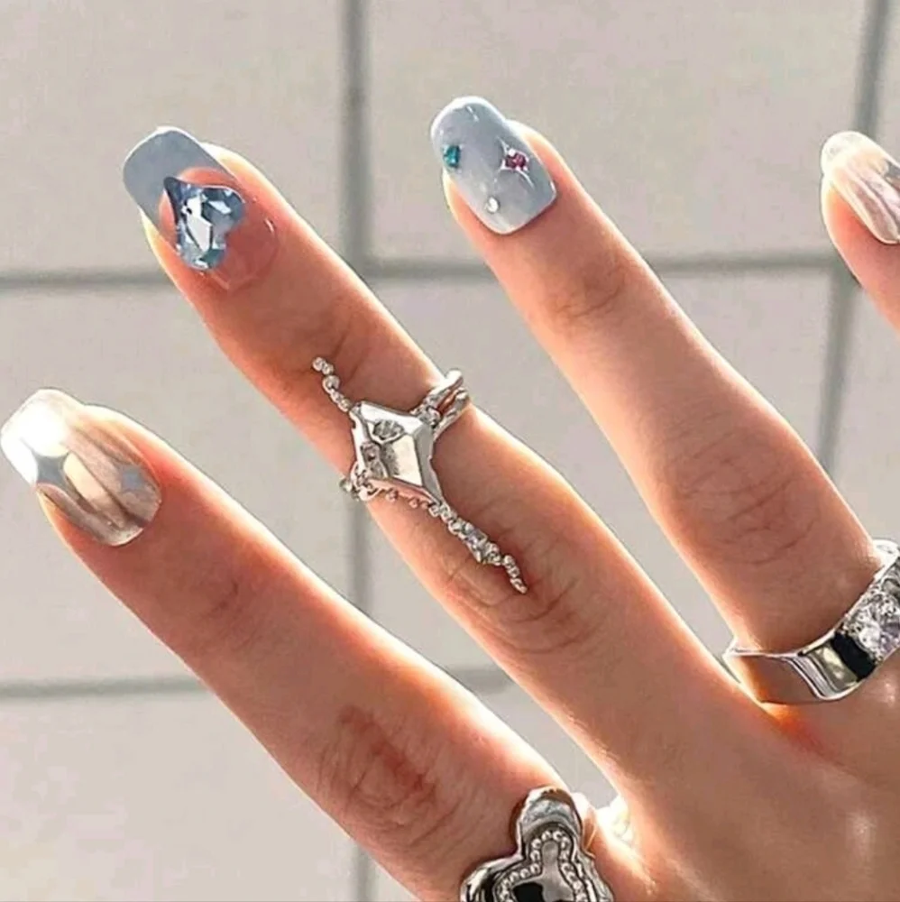 2/$16 3D Rhinestone Stars Hearts Plaid Press On Nails